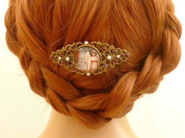 Nostalgische Haarspange mit weihnachtlichem Engel Motiv rosa rot bronzefarben