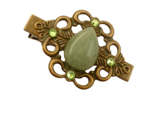Edelstein Haarclip mit Aventurin Tropfen Cabochon grün bronzefarben, Zopf