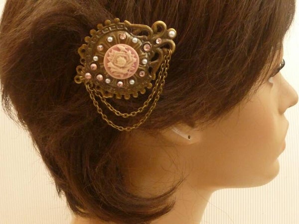 Kleine Haarspange mit Rose Kamee rosa bronzefarben Haarschmuck Ball Party