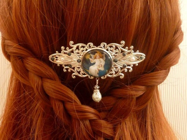 Haarspange mit Engel auf Mond, dunkelblau silberfarben, weihnachtlicher Haarschmuck
