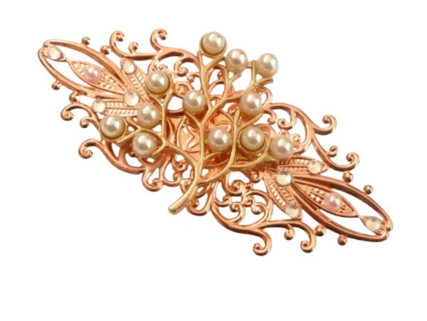 Große Brosche rotgold mit Perlenzweig, ideal als Dekolletéschmuck und Reversschmuck