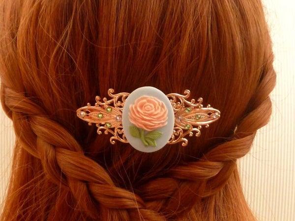 Nostalgische Kamee Haarspange mit Rose in rotgold, Braut Hochzeit