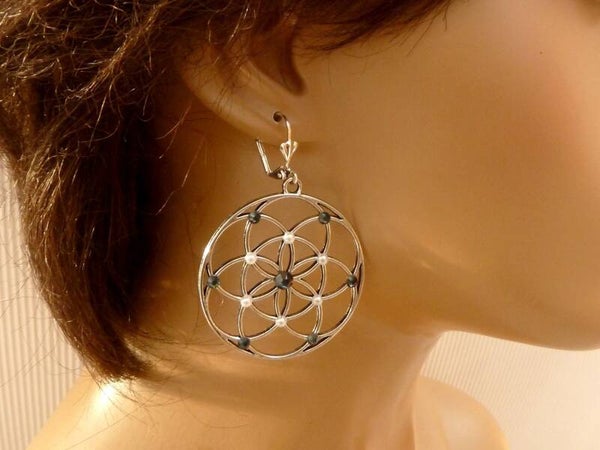 XXL Ohrringe Blütenform dunkelblau silberfarben, großer runder Ohrschmuck,