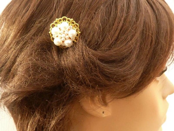 Kleiner Unikat Haarkamm mit Perlenverzierung weiß goldfarben Steckkamm Haarschmuck