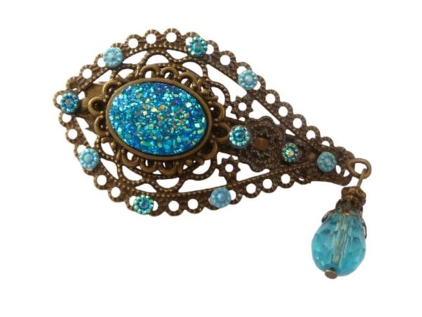 Edle Seiten Haarspange Zopf Haarschmuck mit Glitzer Cabochons türkis bronzefarben