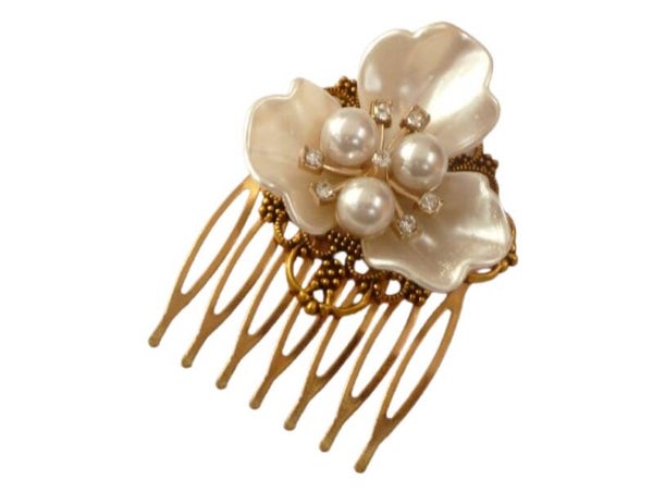 Festlicher Blüten Haarkamm weiß goldfarben goldene Braut Haarschmuck