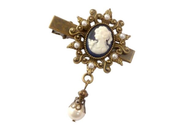 Barocker Haarclip mit Kamee dunkelblau bronze weiß mit Muschelkernperle