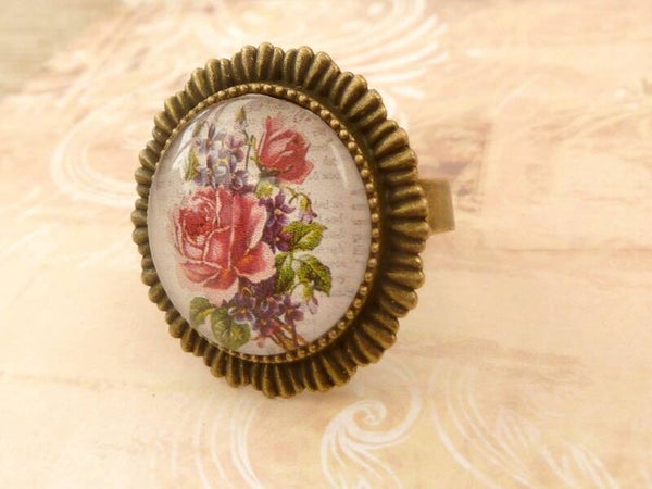 Großer Ring mit Rosen Buquet rosa grün bronzefarben Statement Schmuck