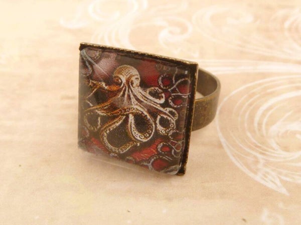 Eckiger Ring mit Krake Motiv rot bronze Steampunk Schmuck,
