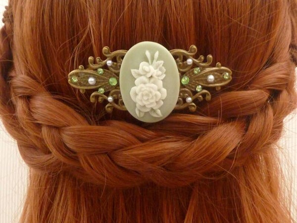 Nostalgische Haarspange mit Rosen Kamee grün bronzefarben