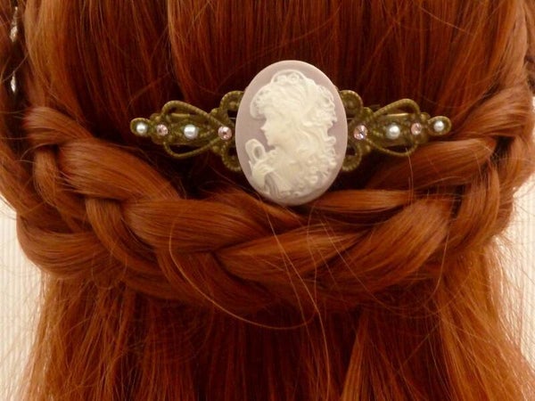 Nostalgische Haarspange mit Kamee mit Mädchen rosa bronzefarben