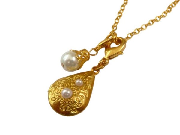 Zarte Medaillon Halskette mit Tropfenperle 4-in-1 Wechselschmuck goldfarben
