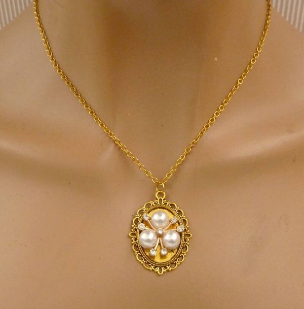 Halskette mit Perlen Applikation weiß goldfarben Braut Hochzeit Schmuck
