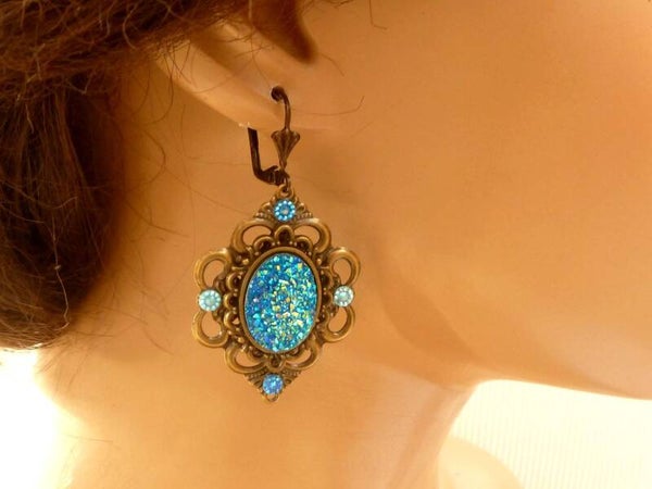 Edle Glitzer Ohrringe türkis bronzefarben antik Stil Ohrschmuck Geschenkidee Frau Freundin