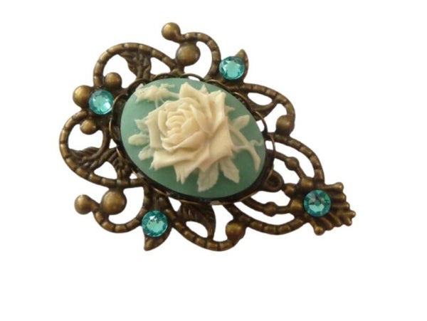 Edle Brosche in Tropfenform mit Rose Kamee türkis bronzefarben Schal Brosche