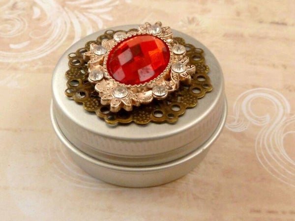 Kleine Dose aus Metall mit Schmuckstein rot bronze silberfarben, Pillendose, Zahndose