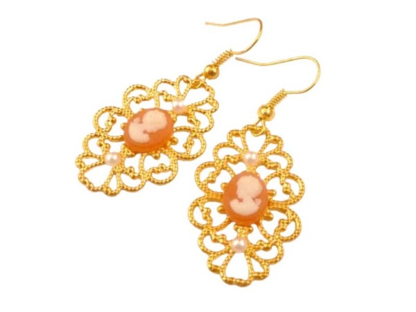 Filigrane Kamee Ohrringe gold orange superleicht Unikat Schmuck Geschenkidee