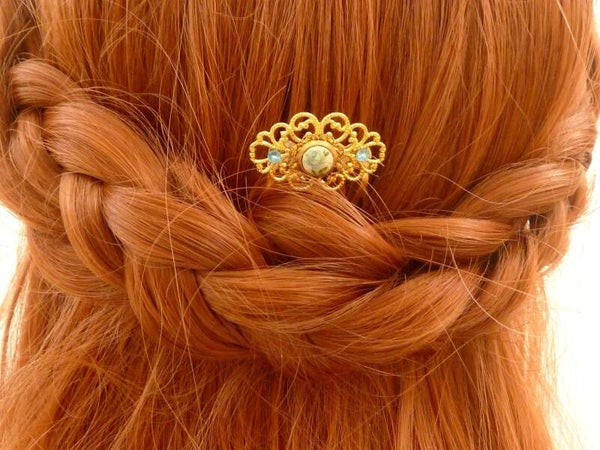 Zarter filigraner Haarkamm goldfarben mit fein bemaltem Rosen Schmuckstein