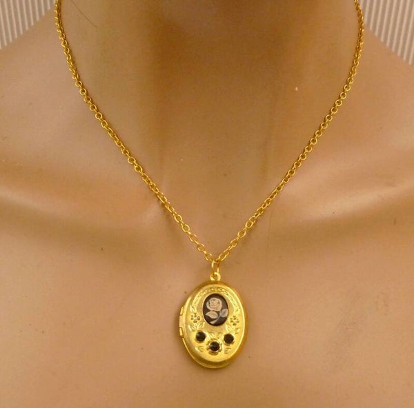Exklusive Unikat Halskette mit Rose Kamee schwarz goldfarben -