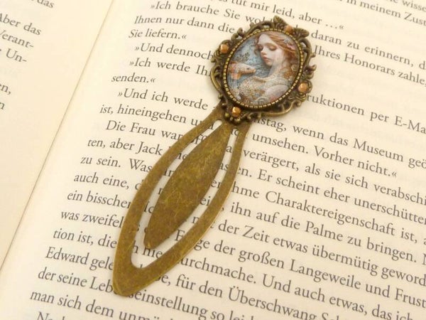 Nostalgisches Lesezeichen aus bronzefarbenem Metall mit Meerjungfrau Porträt