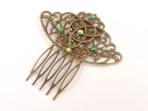 Haarkamm mit filigranem Ornament und keltischen Knoten grün bronzefarben Irland Haarschmuck