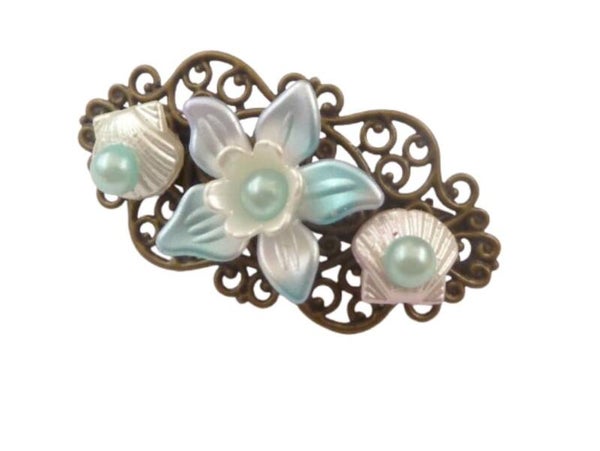 Kleine Haarspange mit Blüte und Muscheln türkis weiß bronzefarben Meerjungfrau Accessoire