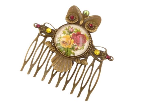 Nostalgischer Haarkamm mit Eule Emblem und Rosen Motif rot gelb bronzefarben