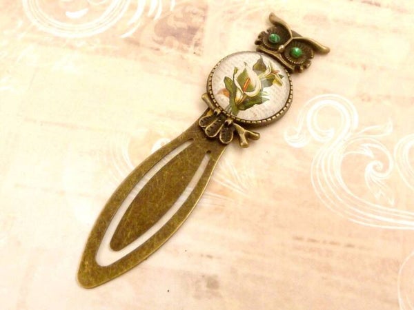 Lesezeichen aus Metall mit Eule Emblem und Calla Motiv, Geschenkidee Leserin