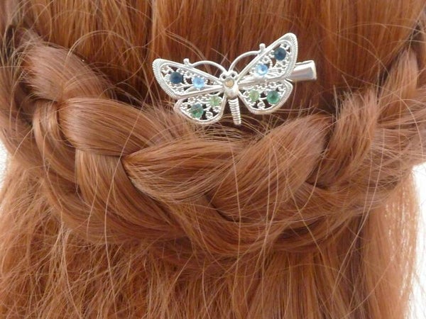 Edler Schmetterling Haarclip silberfarben mit buntem Strass Zopf Haarschmuck Braut Hochzeit