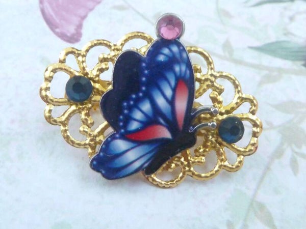Filigrane kleine Brosche mit Emaille Schmetterling dunkelblau goldfarben Schal Brosche