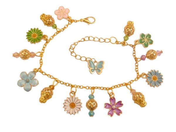 Exklusives Bettelarmband mit Emaille Blüten und Filigranperlen Pastelltöne goldfarben