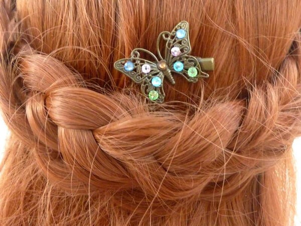 Edler Schmetterling Haarclip mit bunten Kristallen bronzefarben Zopf Haarschmuck