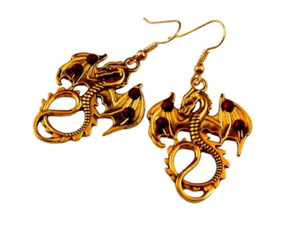Drachen Ohrringe goldfarben LARP Mittelalter Schmuck mit roten Kristallen