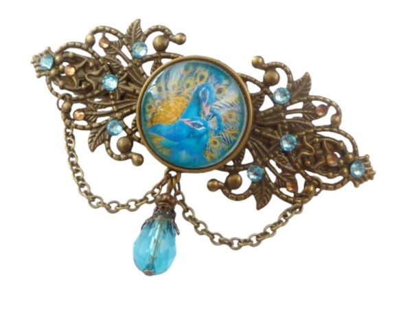 Exklusive Haarspange mit Pfau Motiv türkis bronzefarben Jugendstil Design festlicher Haarschmuck