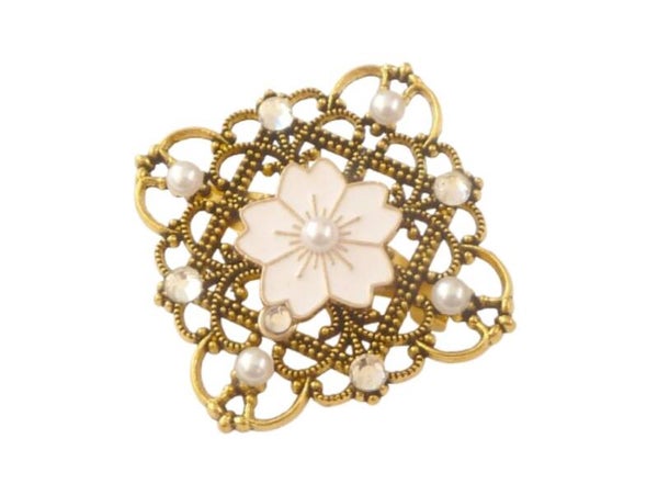 Eckige Brosche mit feiner Emaille Blüten weiß goldfarben Schal Clip Dekolletéschmuck