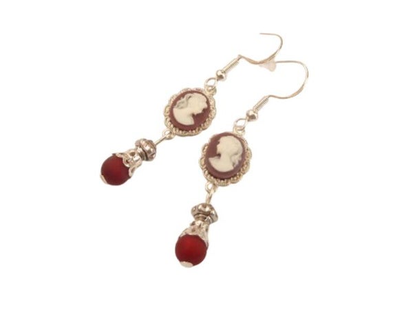 Zierliche Kamee Ohrringe mit Dame bordeaux rot silberfarben 925er Sterling Silber Ohrhaken