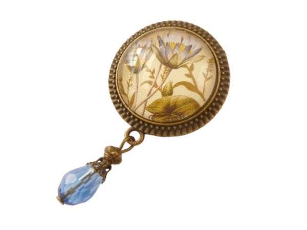 Brosche im Jugendstil Design mit Seerosen Motiv blau grün bronzefarben Schal Clip