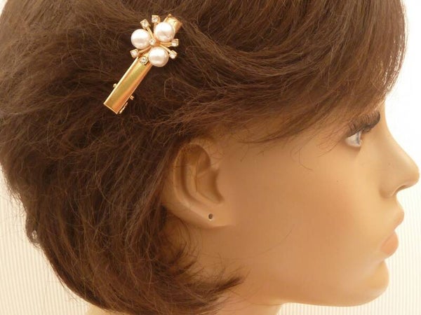 Edler Haarclip mit Perlen und Strass Applikation weiß goldfarben klare Kristalle Schal Clip