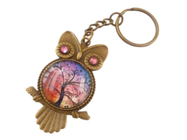 Schlüsselanhänger mit großem Eule Emblem und Baum Motiv rot bronzefarben