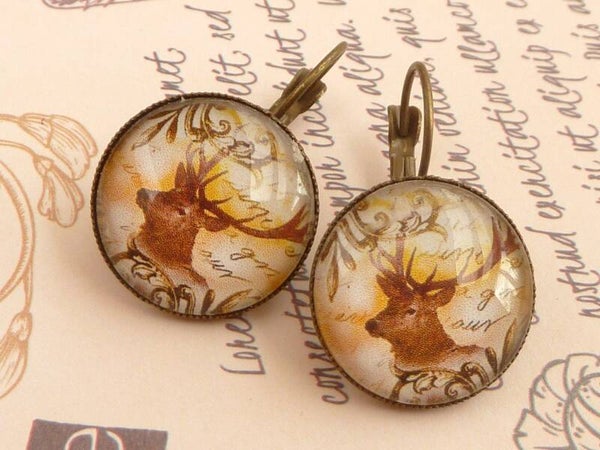 Runde Ohrringe mit Hirsch Motiv Nr. 2 bronzefarben Glascabochons schlichtes Design