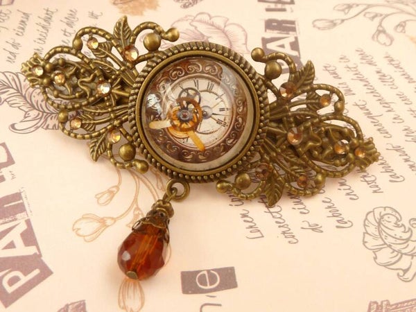 Große Haarspange im Steampunk Stil mit Zahnräder und Uhr Motiv braun bronzefarben