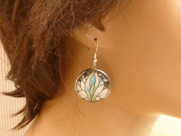 Ohrringe mit Jugendstil Blüten türkis silberfarben Edelstahl und 925er Sterling Silber Ohrhaken