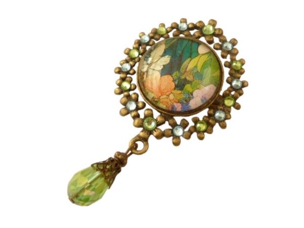 Edle Brosche mit Blättern und Blüten grün orange bronzefarben Unikat Schmuck
