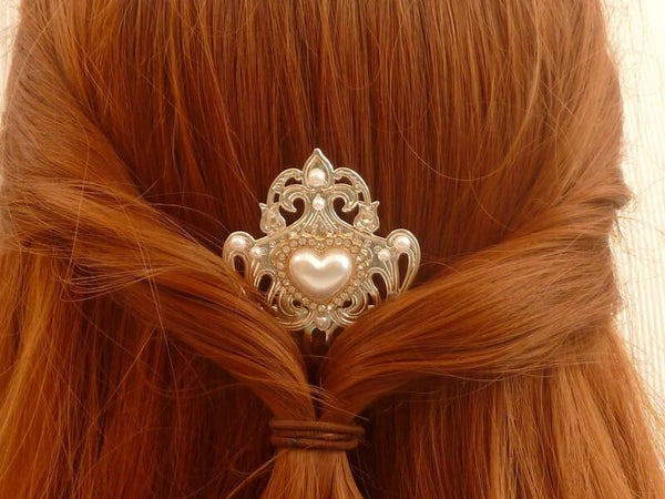 Exklusiver Haarkamm im Antik Stil silberfarben mit Herz Cabochon Perlen klarer Strass Braut Hochzeit
