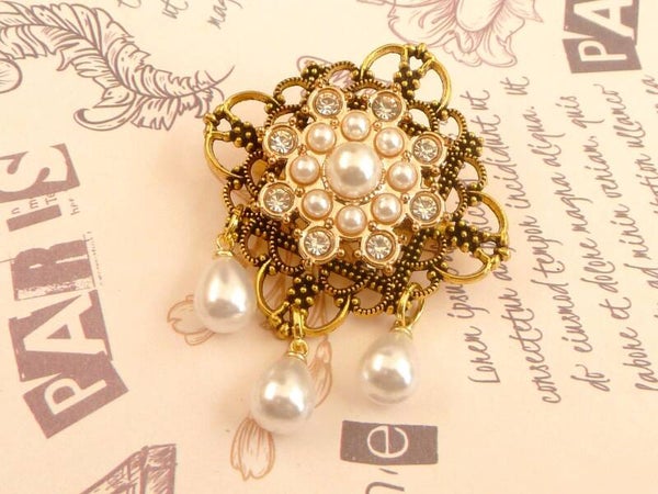 Festliche Perlen Brosche mit klarem Strass goldfarben Braut Hochzeit Dekolletéschmuck