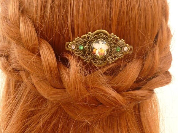 Kleine Haarspange mit Orchidee Motiv rosa bronzefarben Zopf Haarschmuck