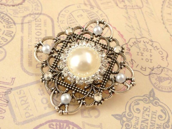 Viereckige Brosche in antiksilber mit Strass und Perlen Braut Schmuck Schal Clip Taschenschmuck