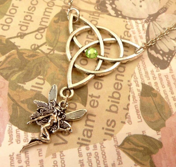 Irland Halskette mit keltischen Knoten und Elfe grün silberfarben