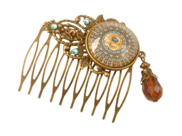 Seiten Haarkamm im Nostalgie Stil mit Rose Motiv türkis braun bronzefarben