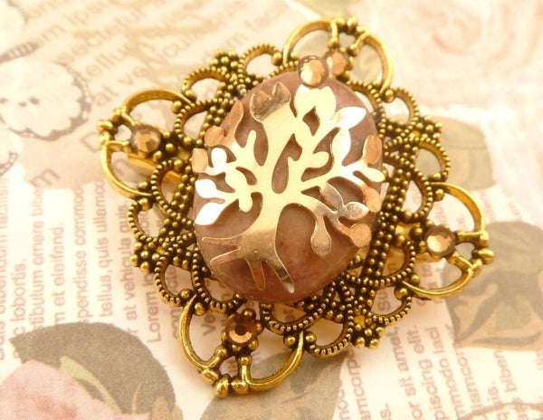 Edelstein Brosche gold braun mit Baum Ornament Geschenkidee Frau